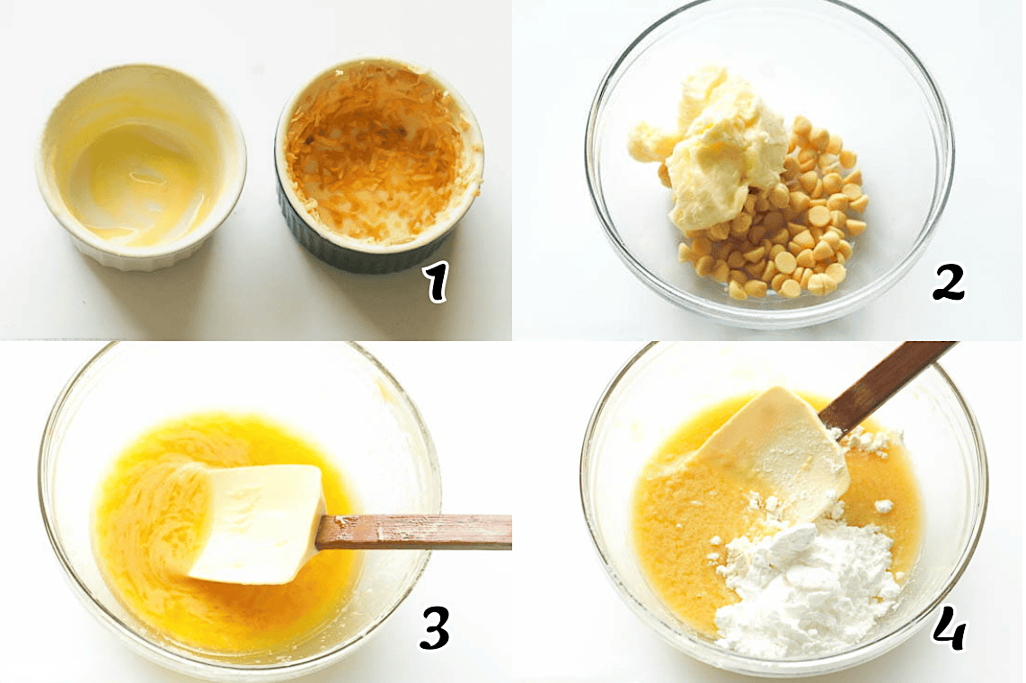 Prep the ramekins, melt the lava, and add the dry ingredients.