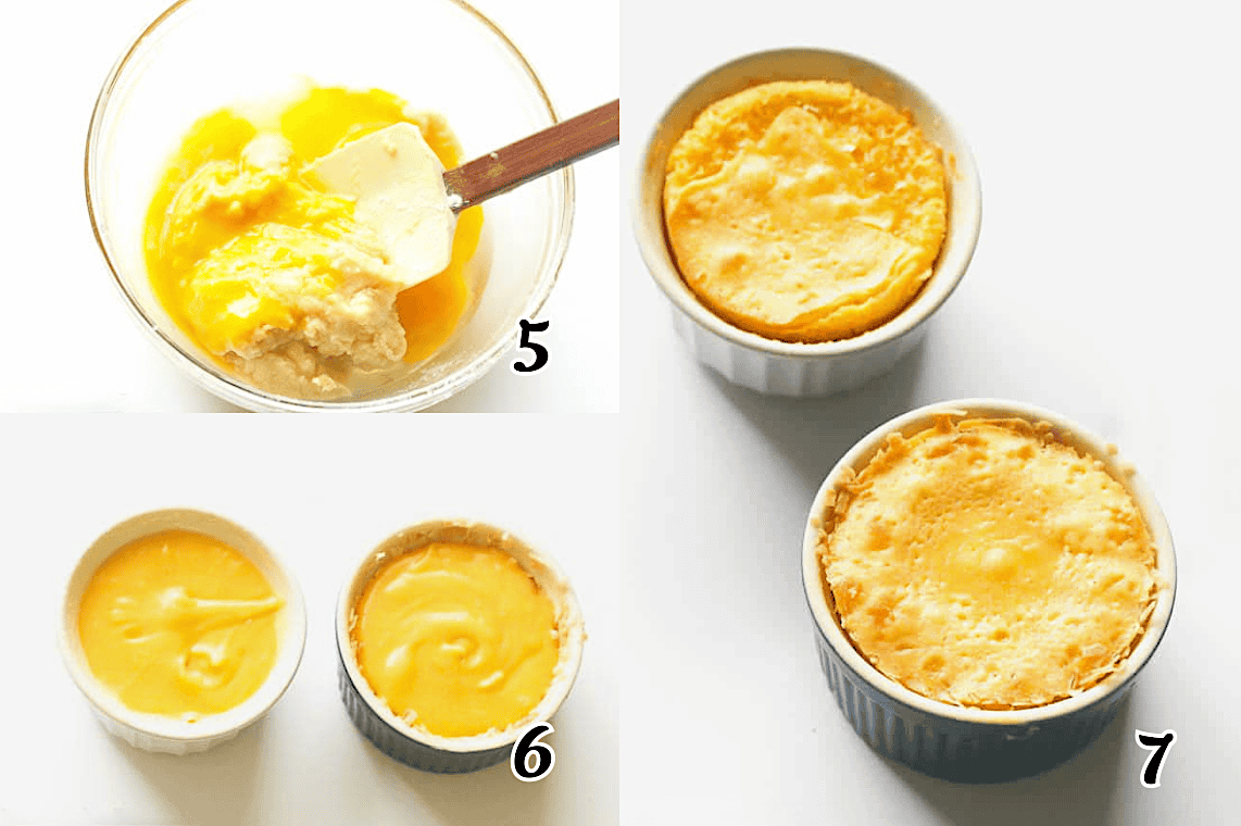 Add the eggs, divide the batter into the ramekins, and bake them.