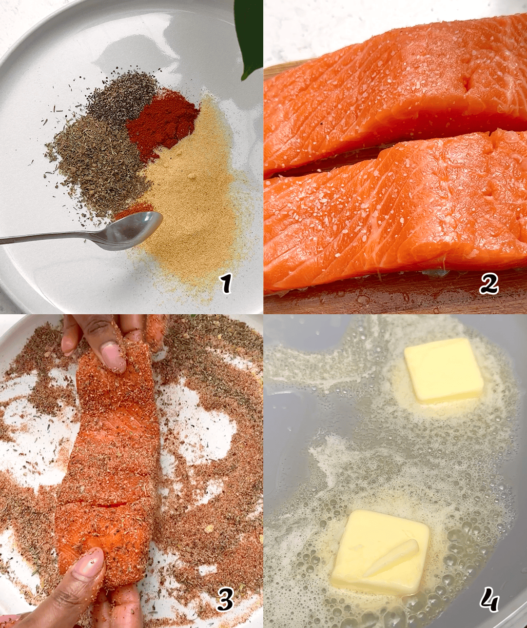 Mix the seasoning, season the fish, and melt the butter.