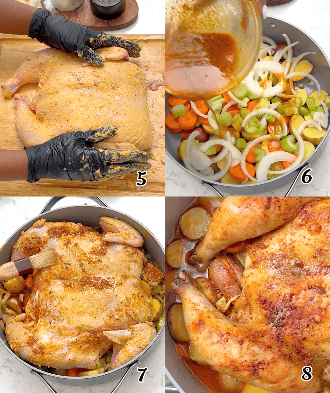 Butter up the bird, put everything in a Dutch oven or roasting pan, and bake it in the oven.