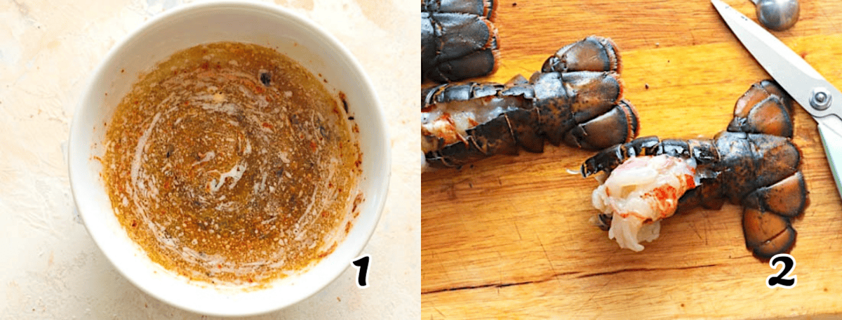 Making the garlic butter sauce and butterflying the lobsters.