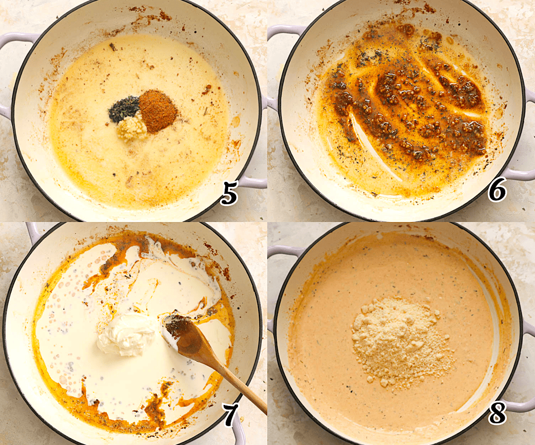 Saute the aromatics, add the dairy, simmer, and add the Parmesan.
