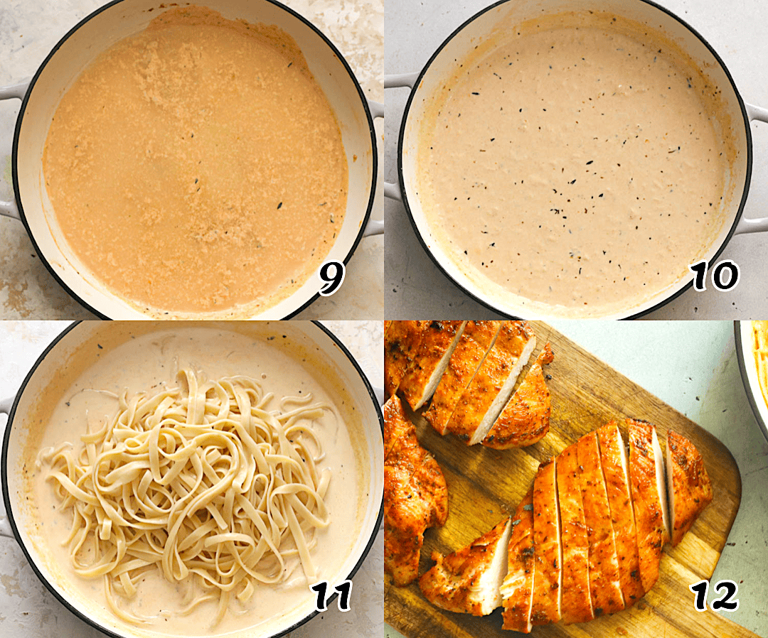 Thicken the sauce, add the pasta, and serve with the chicken on top.