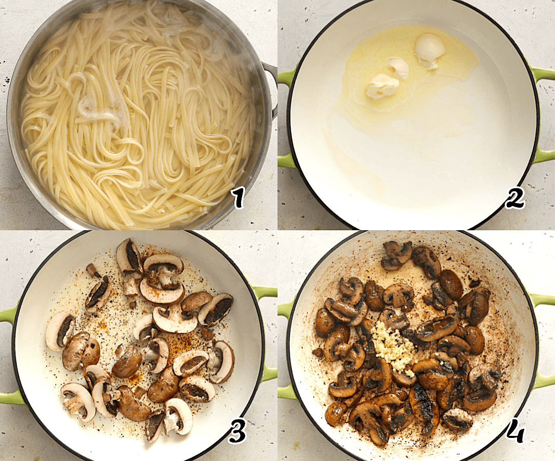 Cooking the noodles and sauteing the baby bellas.