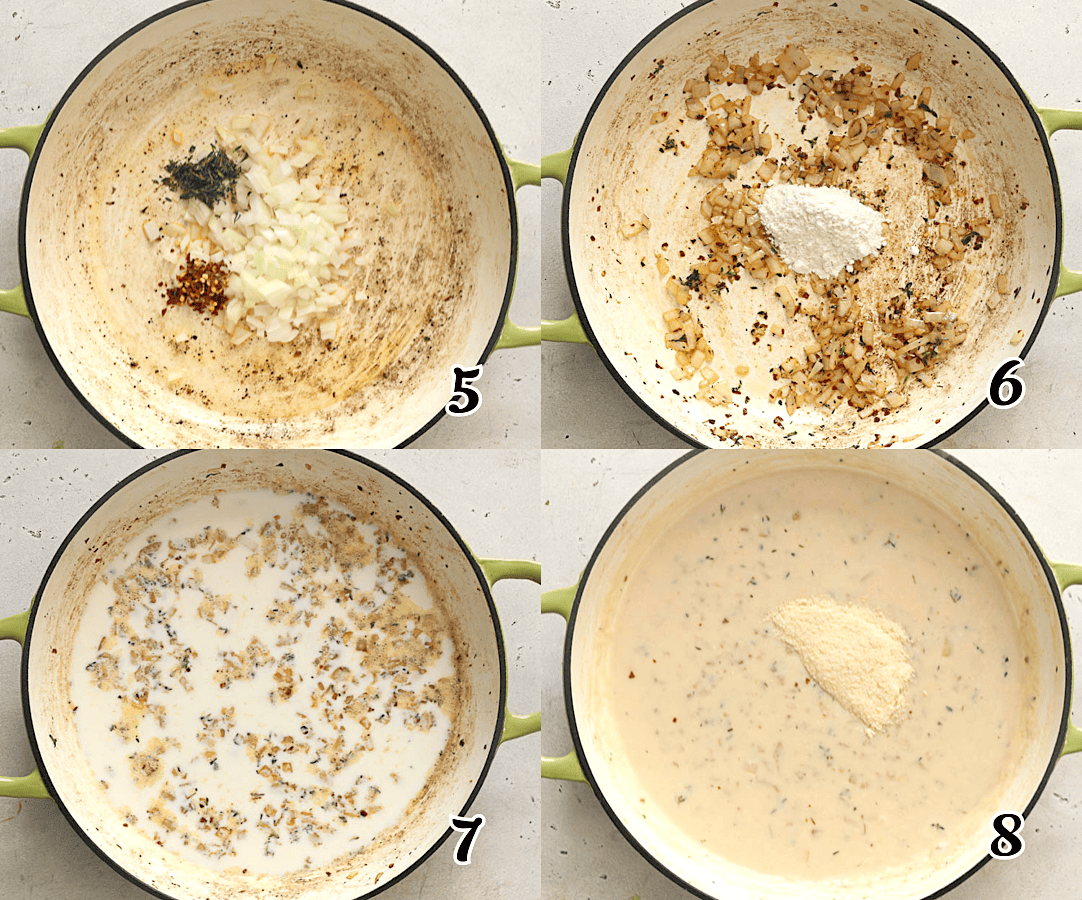 Making the roux, then adding the milk and cheese.