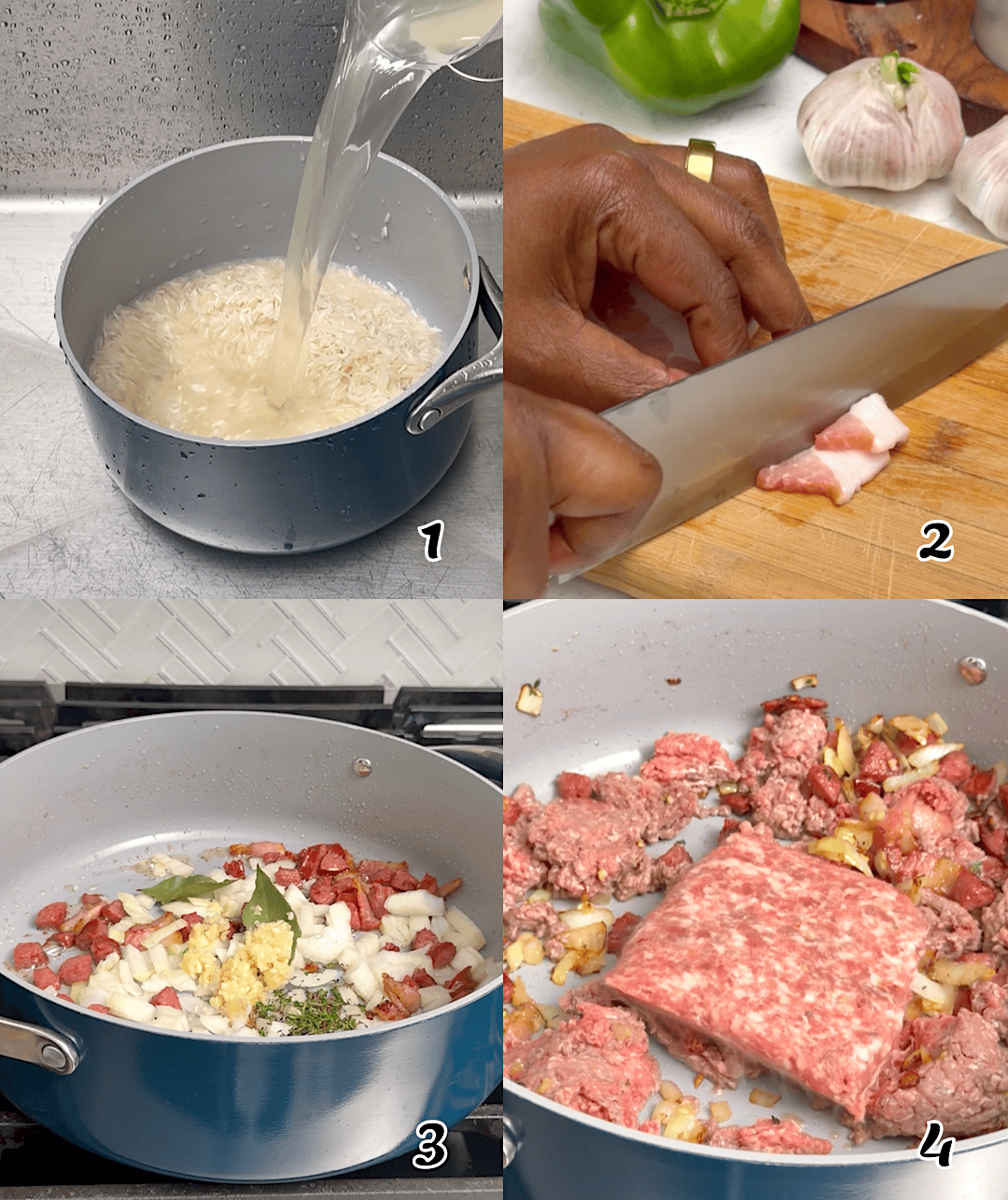 Wash the rice, saute the aromatics and add the meats, cooking until no longer pink.