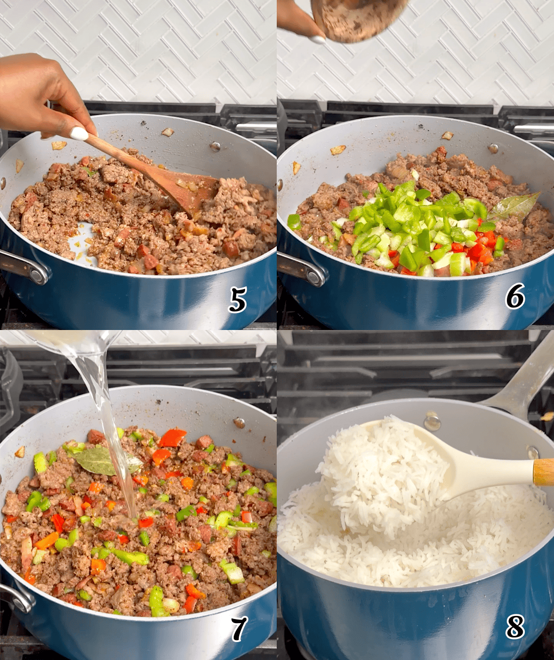 Add the veggies, add the liquids, and then fluff the rice.