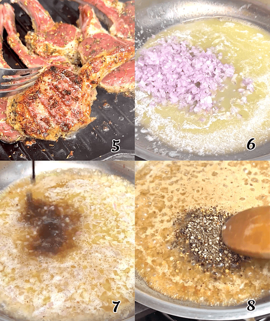 Flip the meat, and while it's cooking, saute the onions in butter and add the seasonings for the peppercorn sauce.