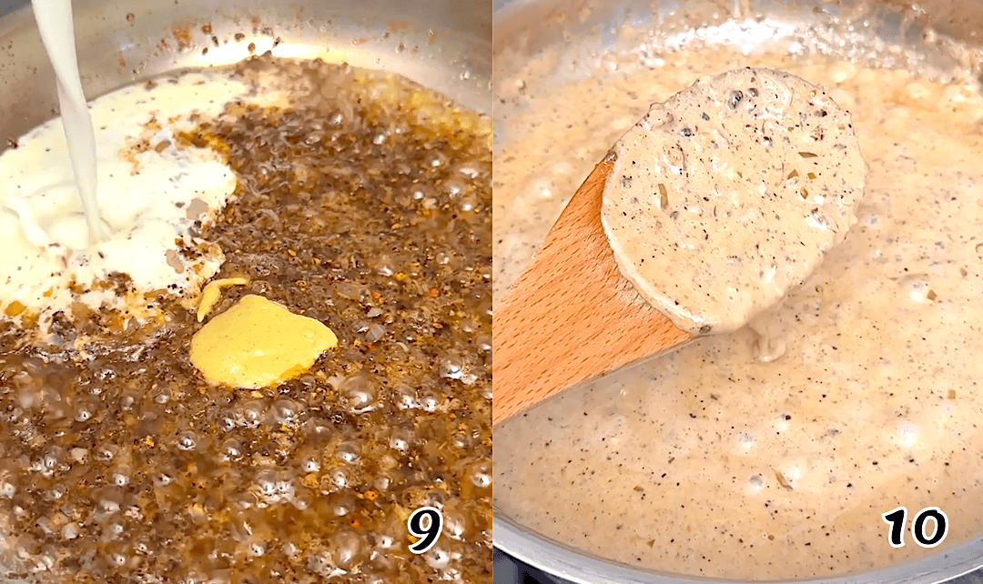 Add the cream and mustard, and simmer until thickened.