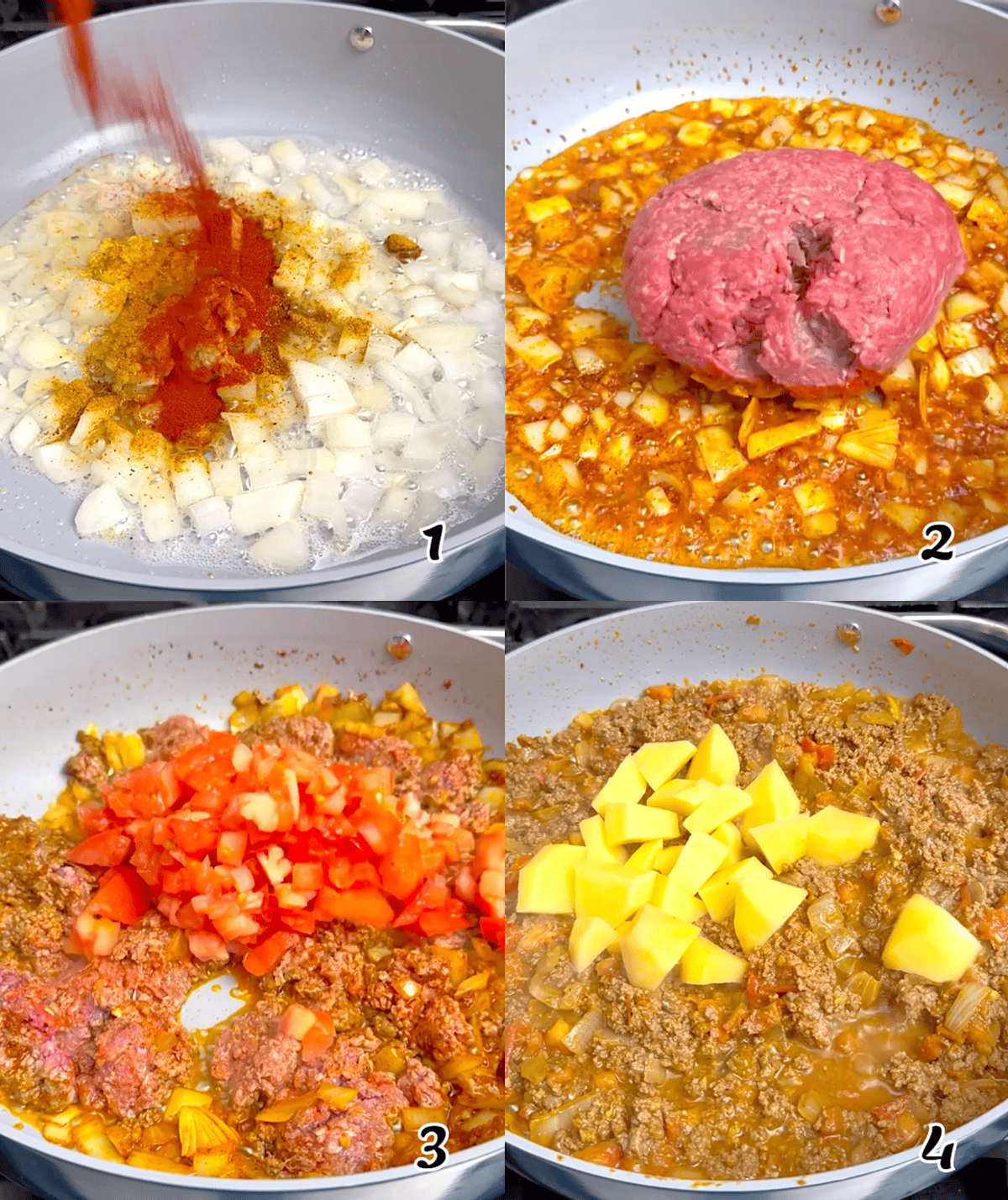 Saute the aromatics and seasonings, add the meat, then the tomatoes and potatoes.