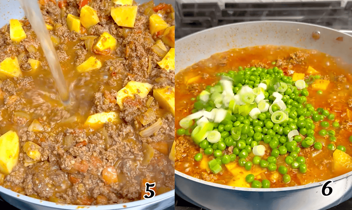 Adding the water, simmer, then add the peas and green onions.