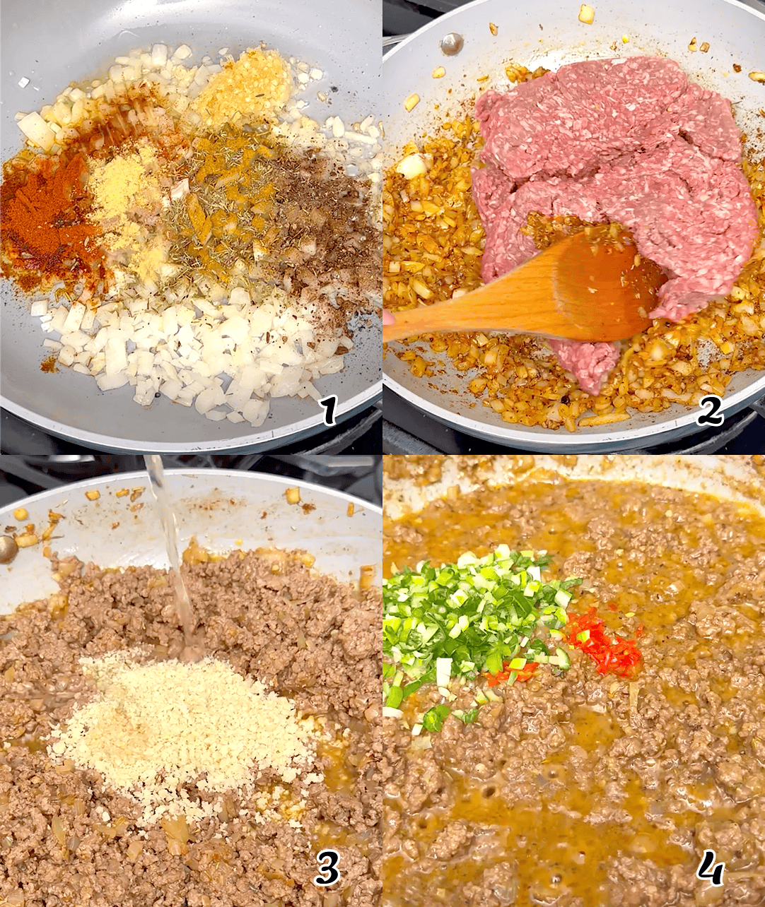 Saute the aromatics, add the meat, then the breadcrumbs and more seasonings.