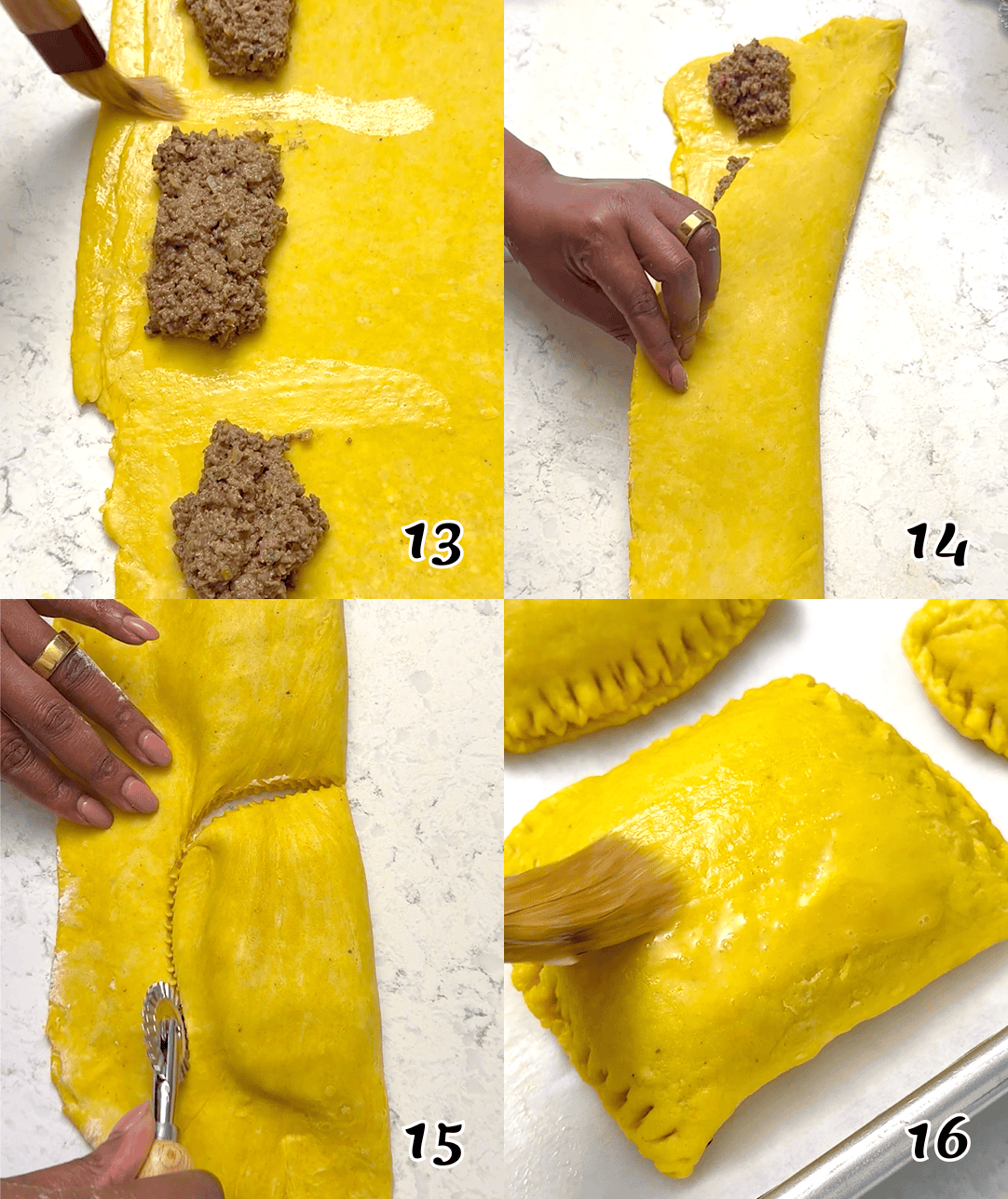Add the filling, make the patties, brush them with the egg wash, and bake.