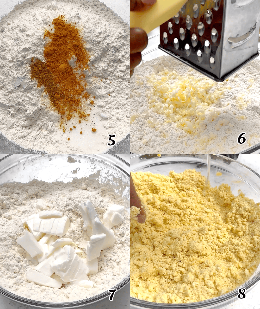Make the pastry dough by mixing the dry ingredients, then grating in frozen butter and shortening.