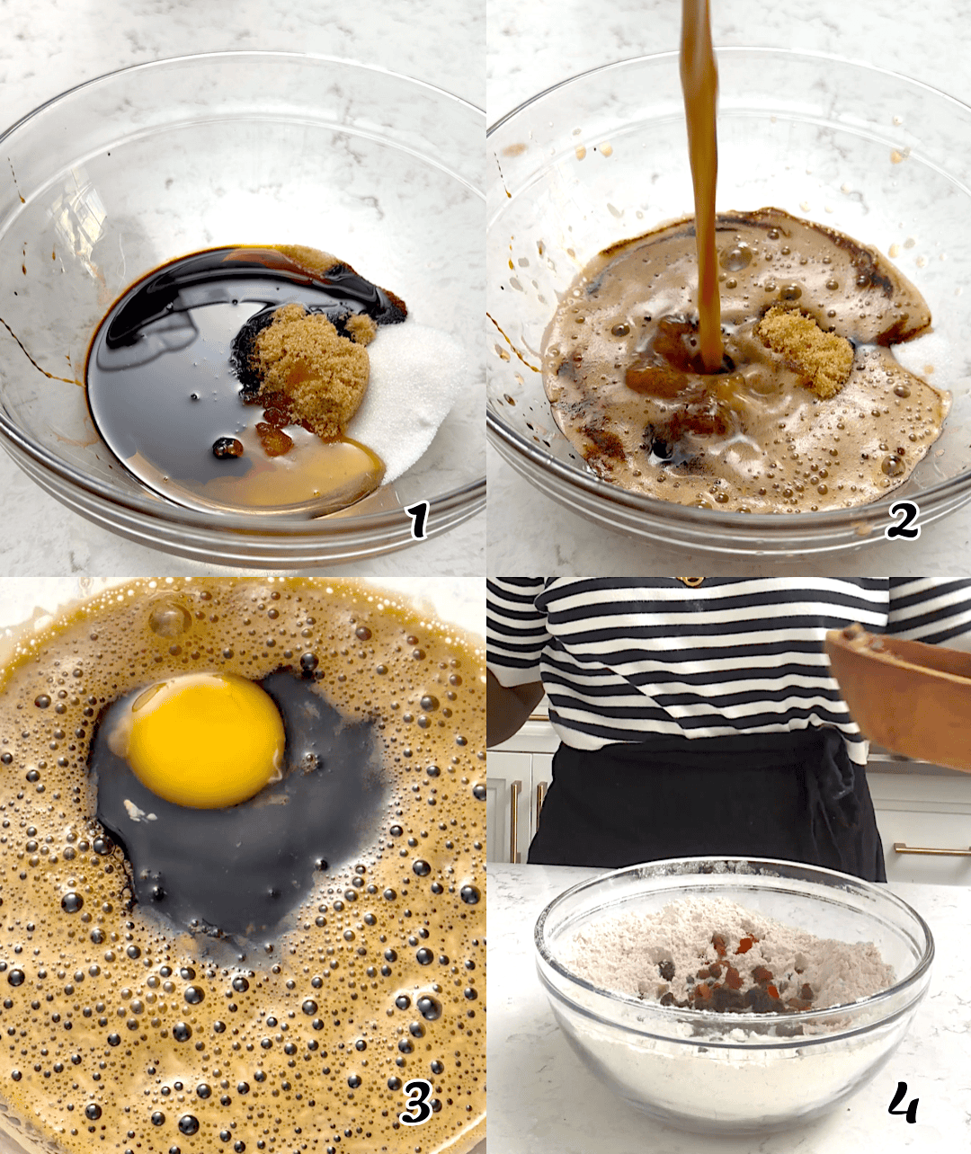 Mix the wet ingredients, then mix the dry ingredients, adding the dried fruit.