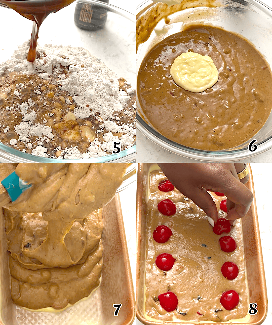 Mix the wet and dry ingredients, add softened butter, pour into the loaf pan, top with cherries, and bake.