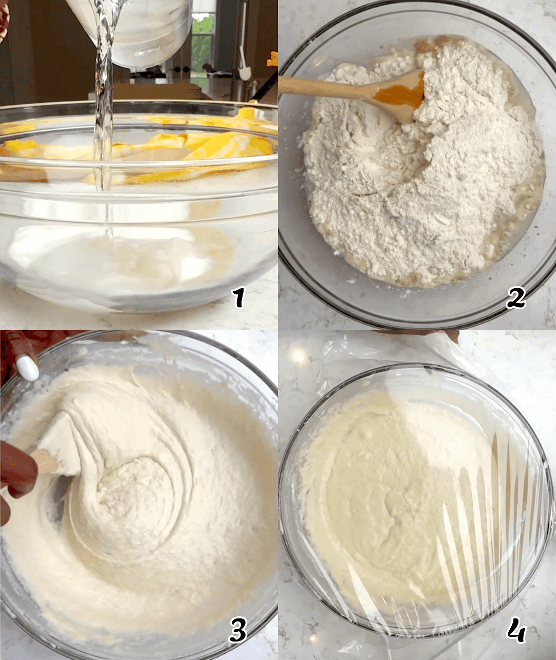 Mix the yeast, sugar, salt and water to activate the yeast. Add the flour, stir well, cover, and let rise in a warm place.