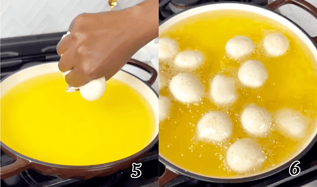 Heat the oil, drop in the dough balls, and fry until golden.