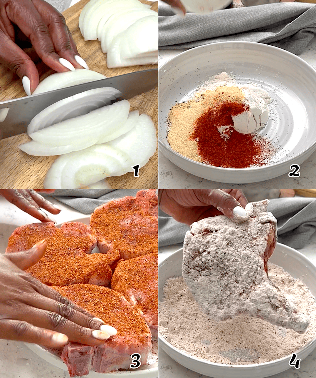 Prep ingredients by chopping the onions and making the spice blend. Then season the meat.