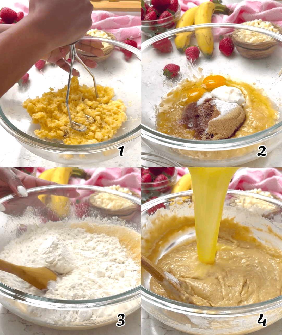 Mash the bananas, add the eggs, sour cream, sugar, and vanilla extract, then add the dry ingredients and the melted butter.