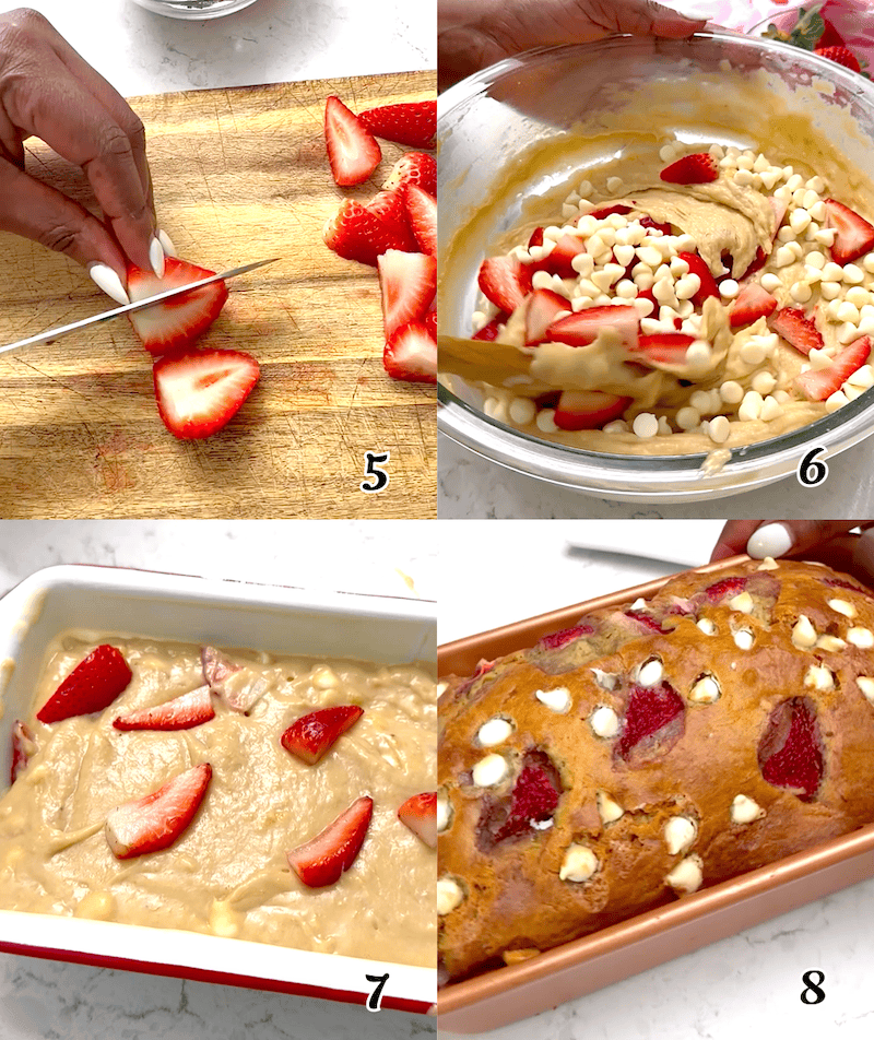 Chop the strawberries, stir them in with the optional white chocolate chips, pour the batter into a loaf pan, and bake.