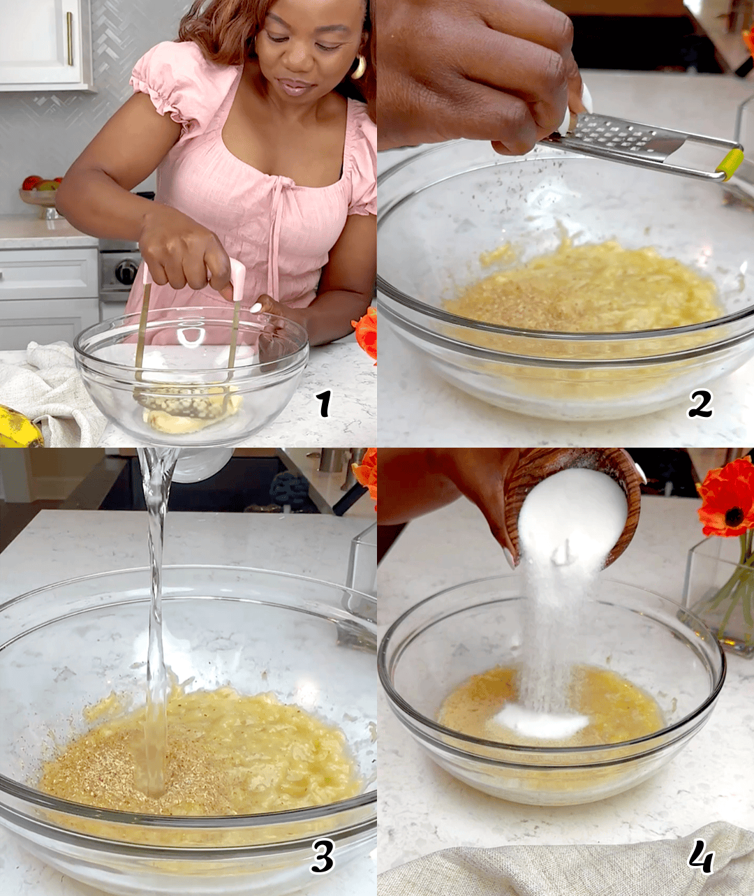 Mash the bananas, and add the rest of the ingredients.