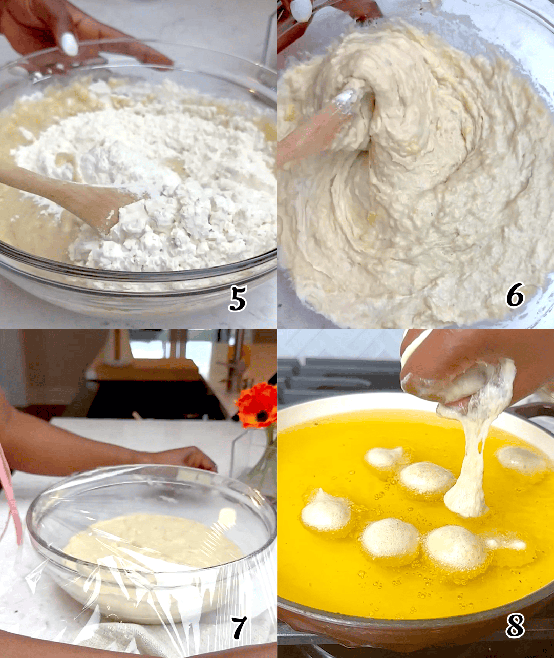 Mix well, let the batter rise, then fry the dough balls in hot oil.