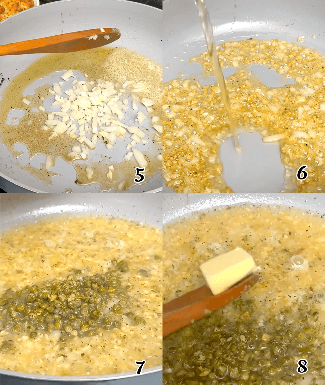 Saute the aromatics, add the wine and broth, then add the capers and butter.