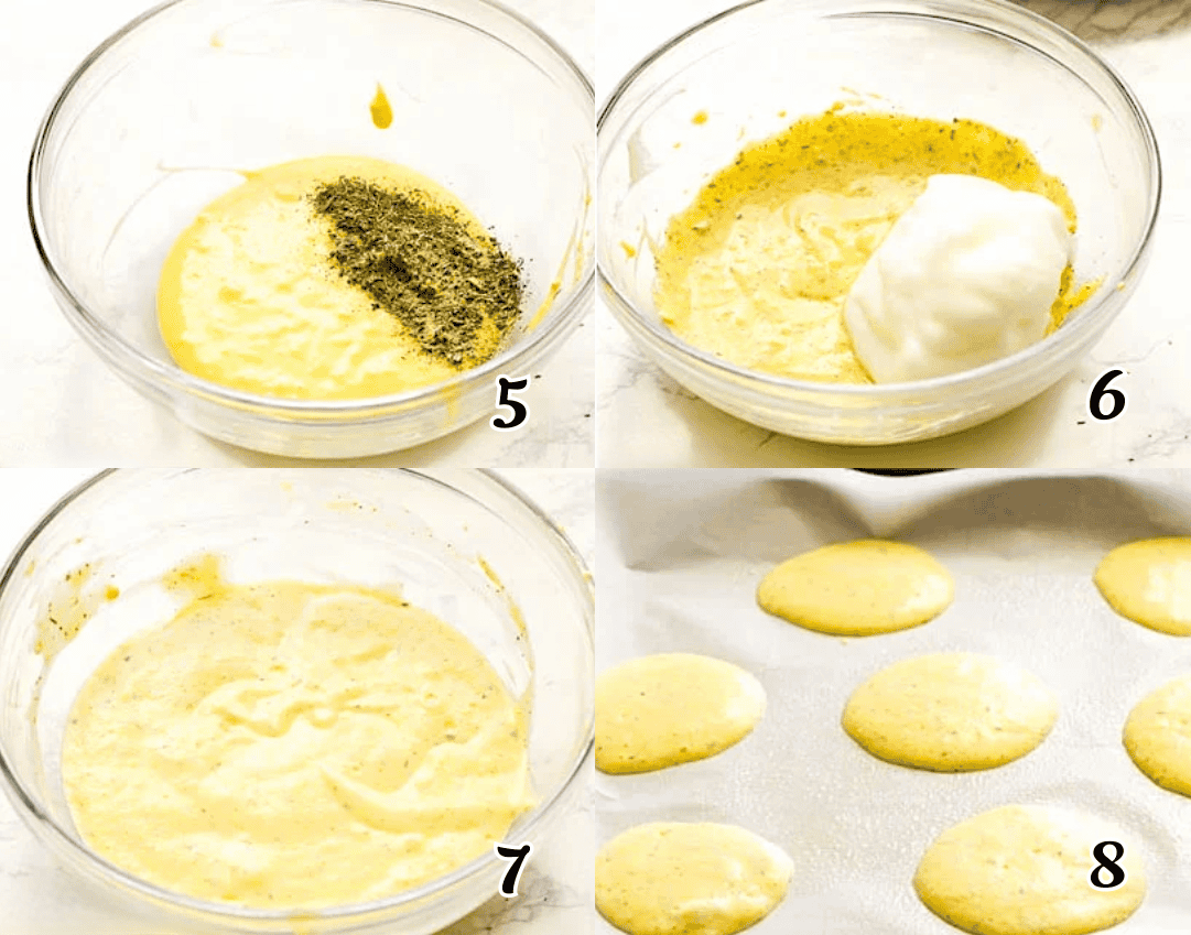 Add the herbs to the yolks, fold in the whites, and bake.