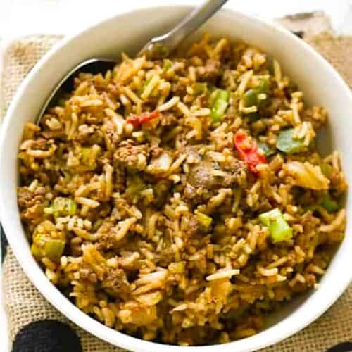 Serving up a bowl of Cajun dirty rice for a delicious side dish.