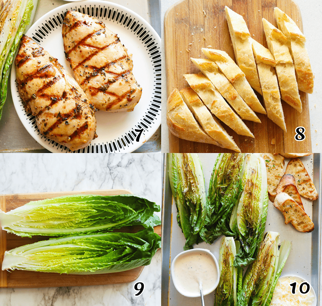 Let the chicken breasts rest while toasting the bread and optionally grilling the Romaine.