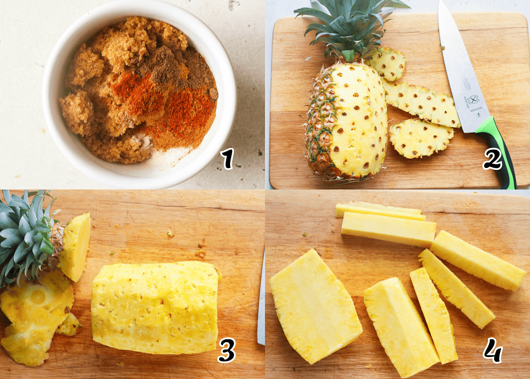 Make the spice rub and peel and cut the fruit.