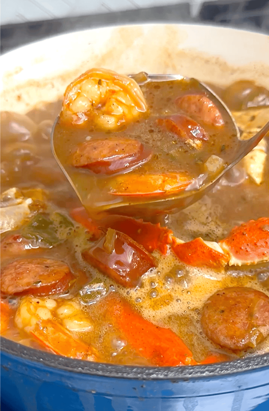 An incredible gumbo (is it stew or is it soup?) fresh from the stove and ready to enjoy over rice.