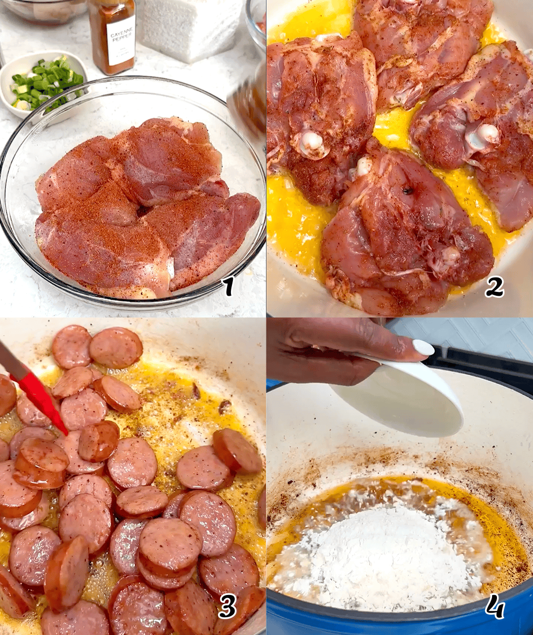 Season the chicken and set it aside. Then saute the sausage and make the roux.