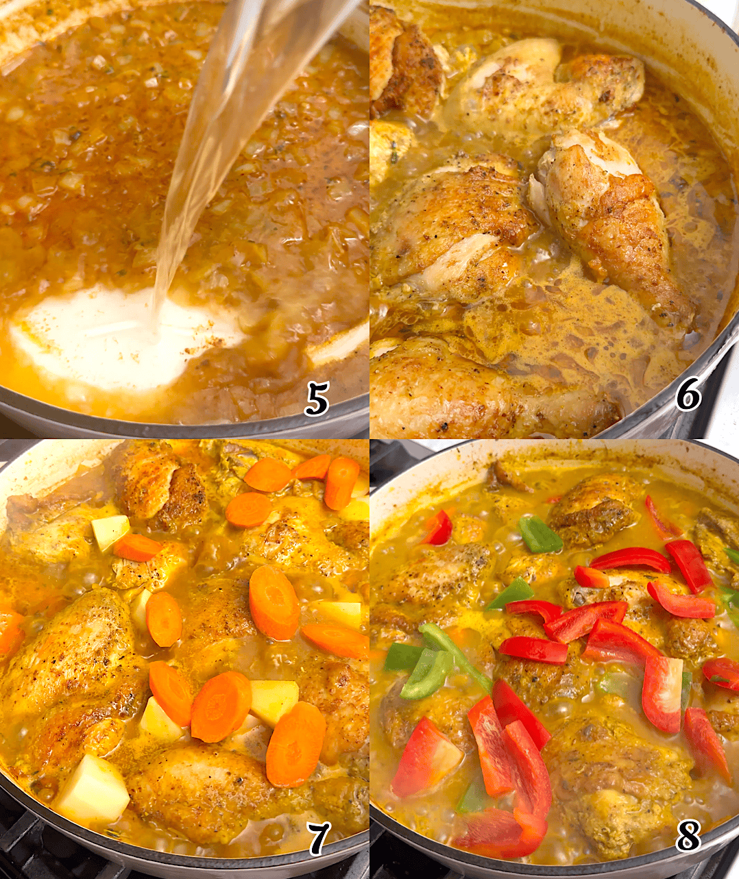 Add the broth and coconut milk, return the meat, add the potatoes and carrots, simmer, then add the bell peppers. Garnish with parsley and enjoy.