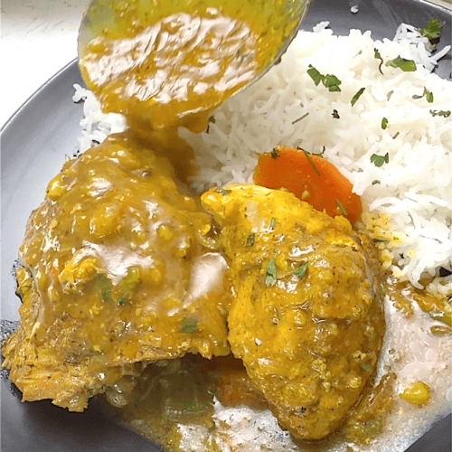 Drizzling savory, spicy gravy over curry chicken and rice.