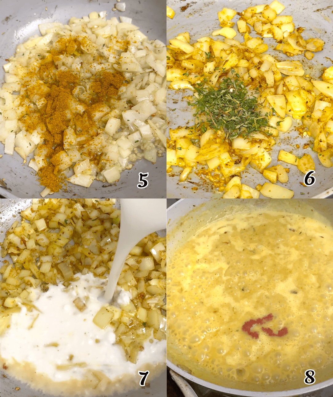 Saute the aromatics and seasonings, then add the coconut milk and tomato paste.