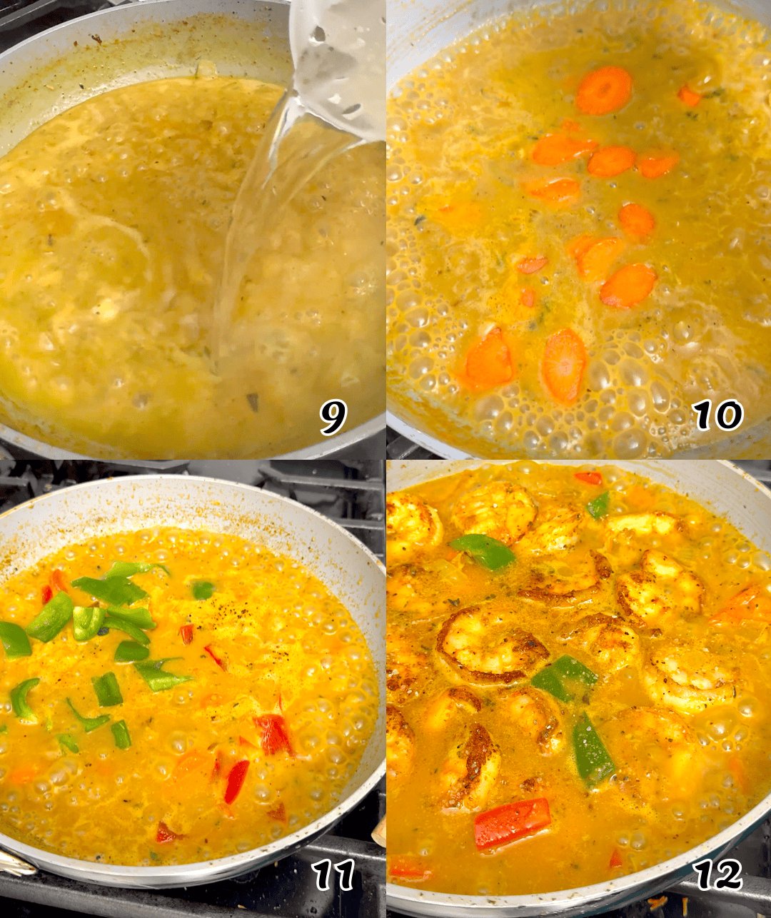 Add the broth and vegetables, simmer, then stir in the shrimp and enjoy.