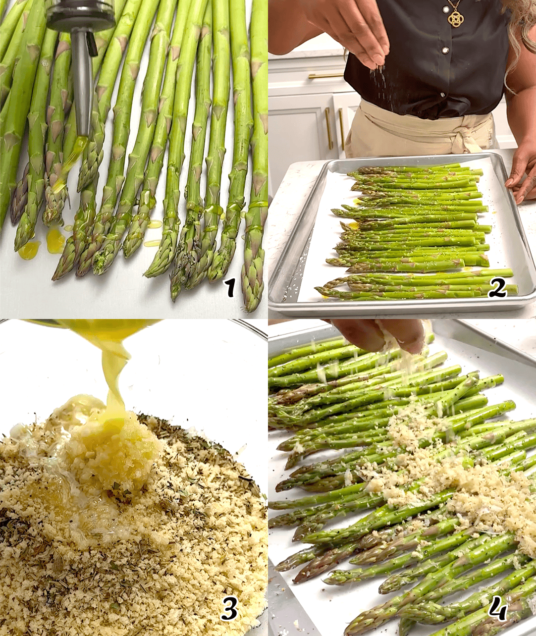 Season the spears, make the breadcrumb topping, and cook.