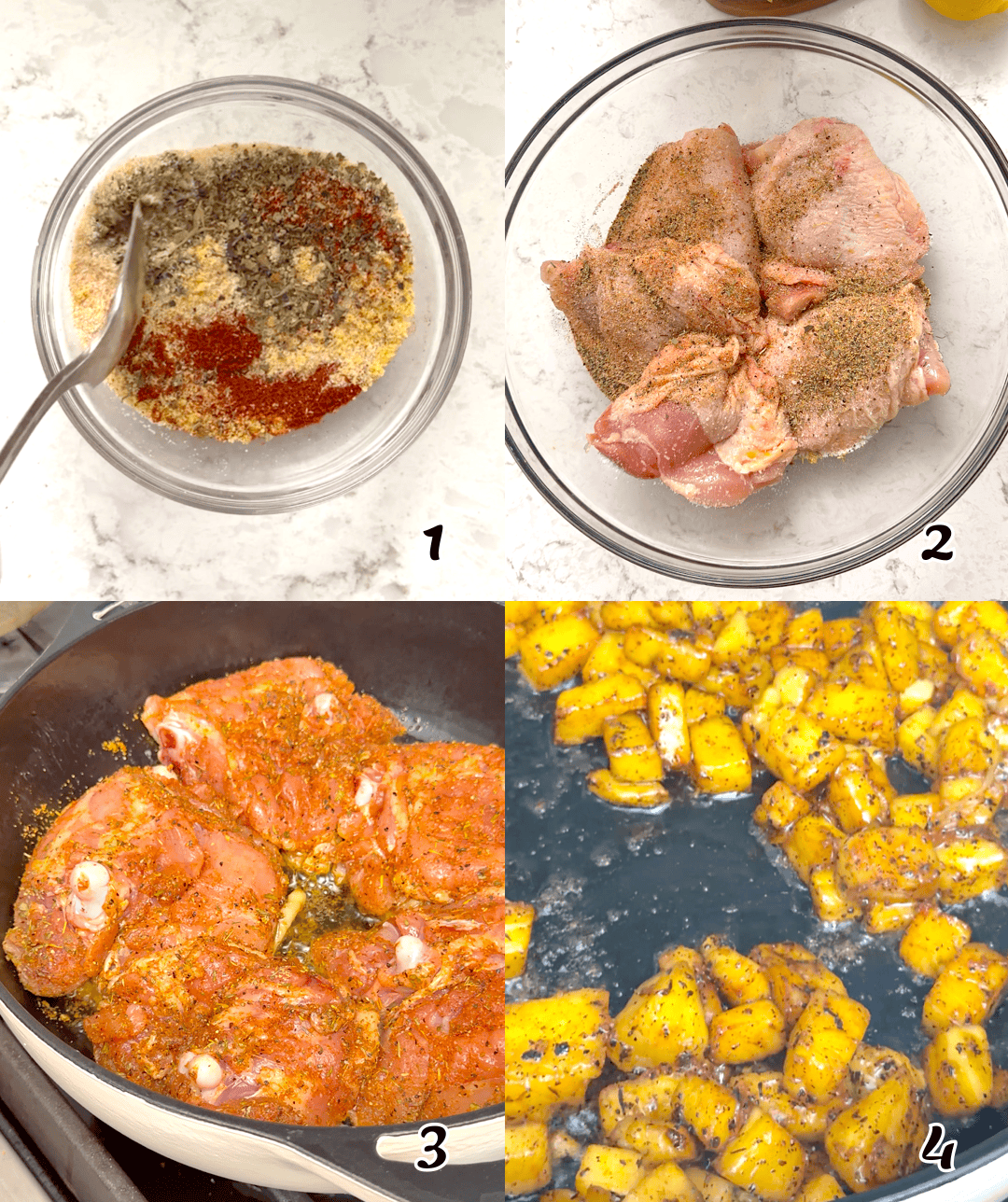 Make the spice rub, season the meat, sear it, set it aside, then saute the pineapple.