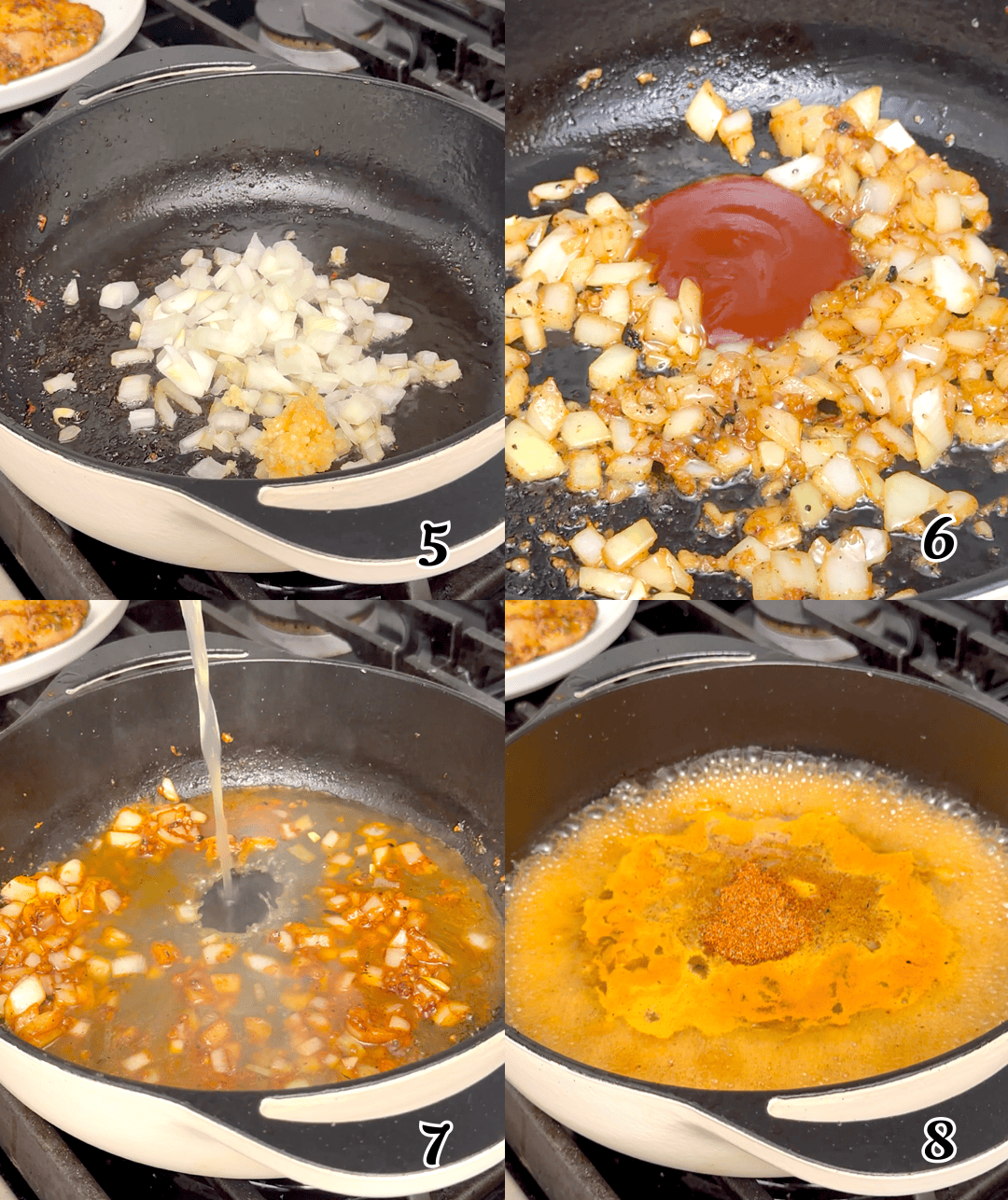 Saute the onion and garlic, add the hot sauce, then the broth, and season.