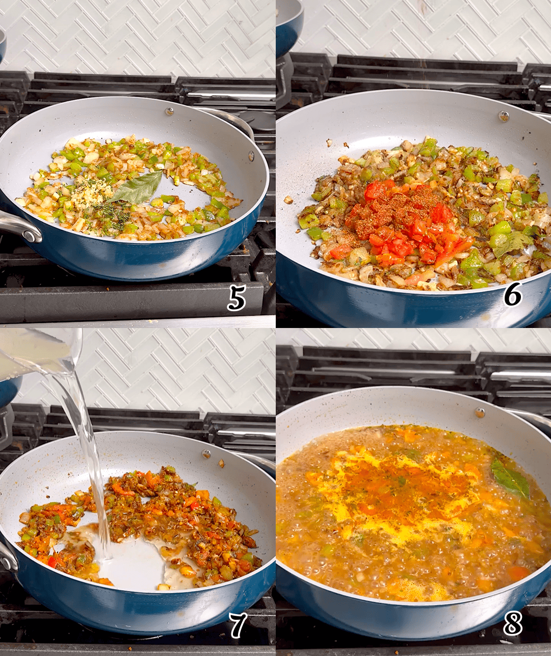 Add the seasonings, then the broth, and simmer until thickened.