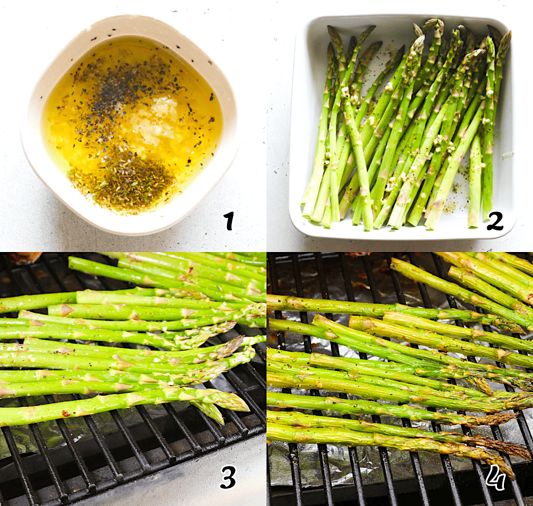 Mix the seasonings, season the veggies, then stick them in the smoker.