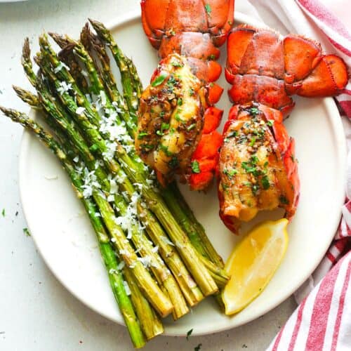 Smoked lobster tails and asparagus deliver an elegant dinner.