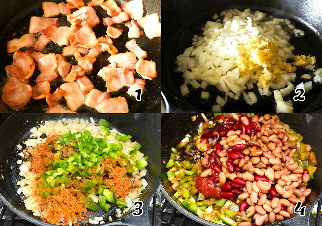 Partially fry the bacon, saute the veggies in the bacon grease, add the seasonings and the rest of the ingredients.