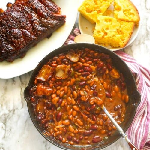 Freshly smoked baked beans and ribs with cornbread for a soul satisfying barbecue.
