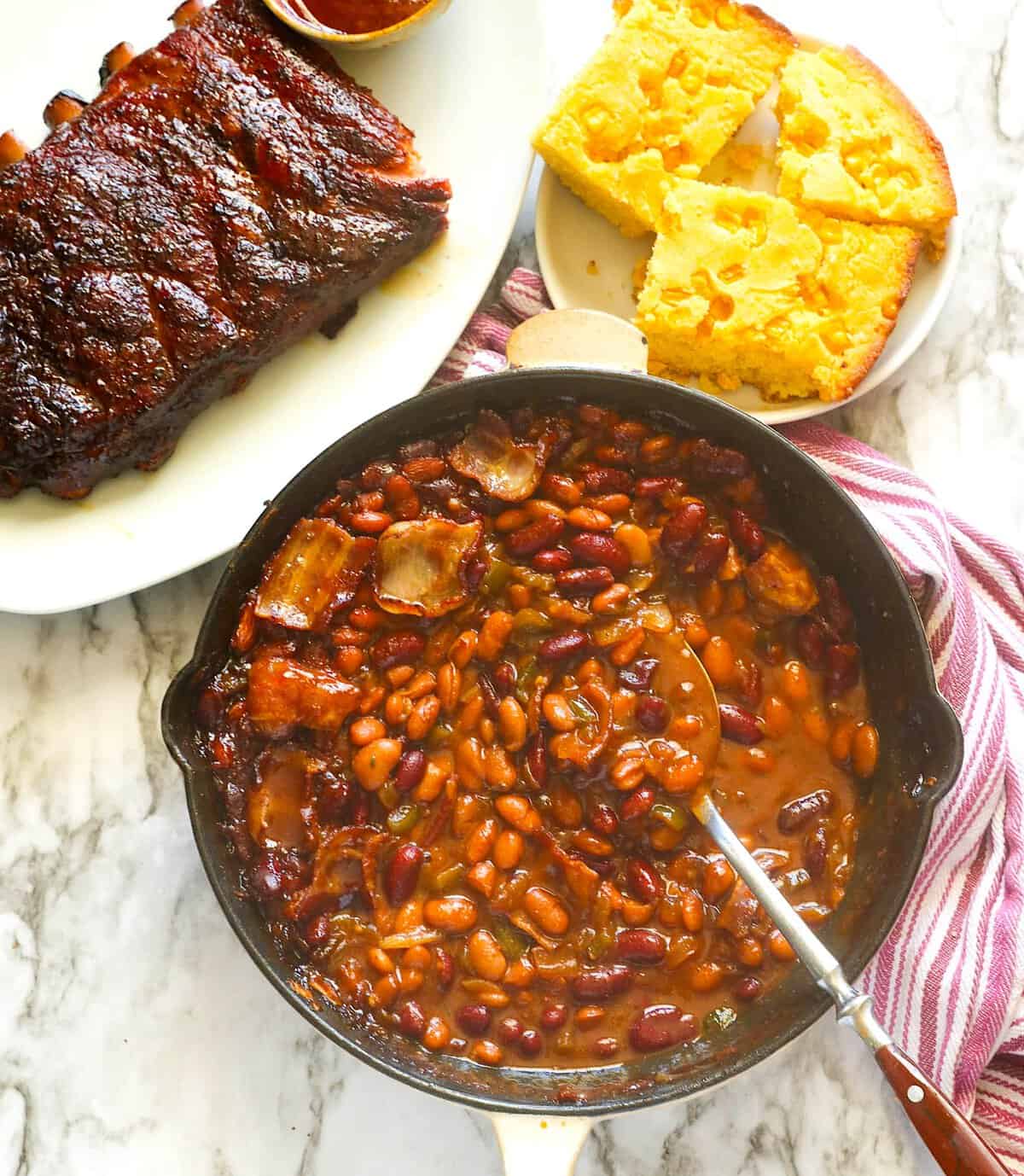 Freshly smoked baked beans and ribs with cornbread for a soul satisfying barbecue.
