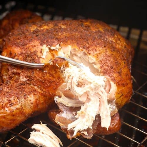 Forking into a tender smoked chicken for pulled chicken tacos.