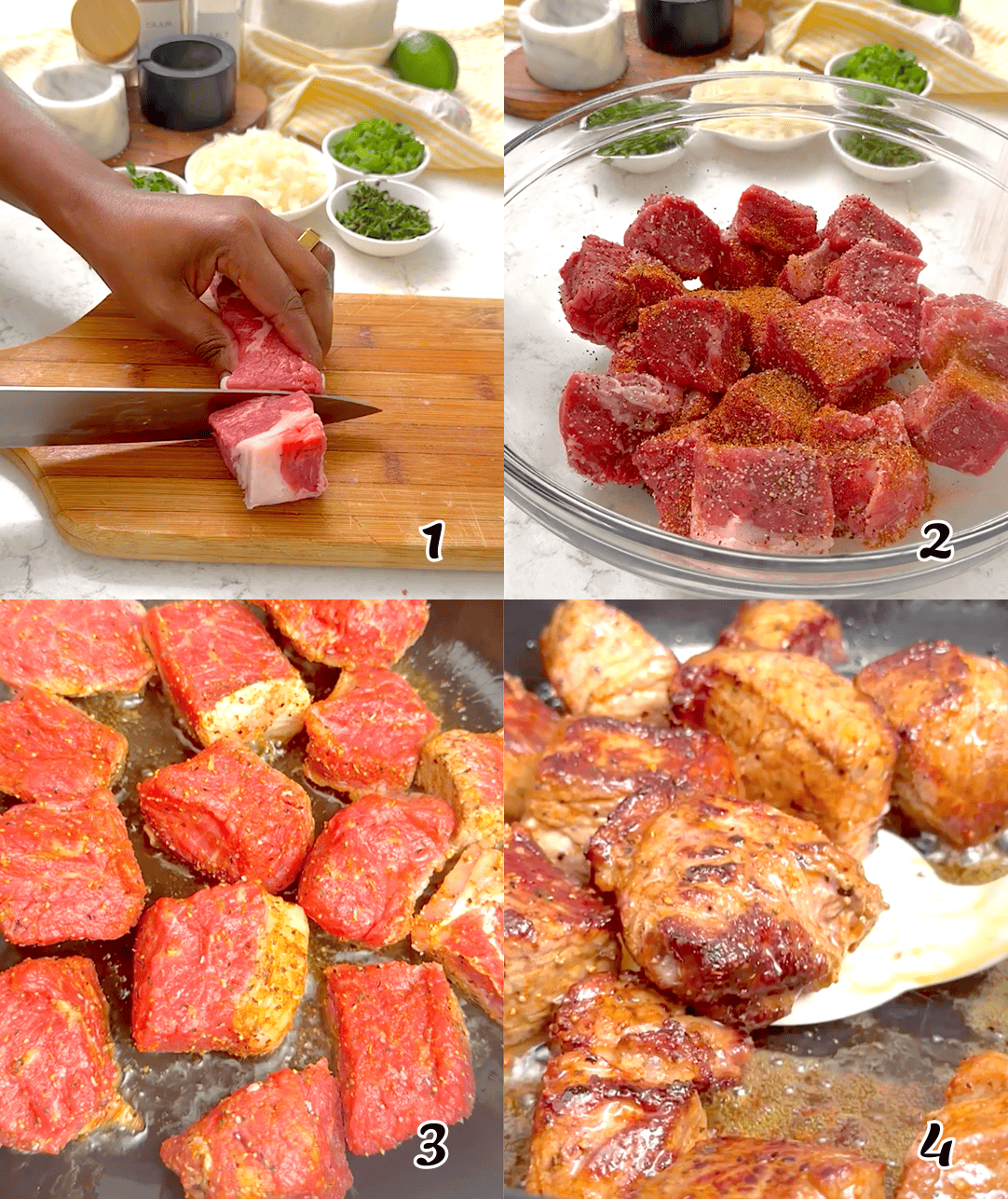 Cut the beef into bite-sized cubes, season, sear, and set aside.