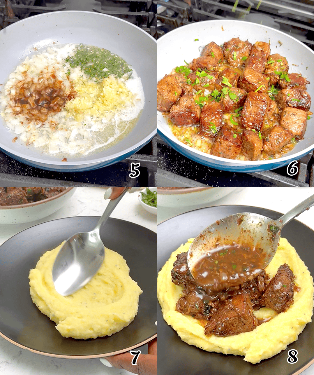 Saute the seasonings, make the gravy, add the beef, and serve over mashed potatoes.